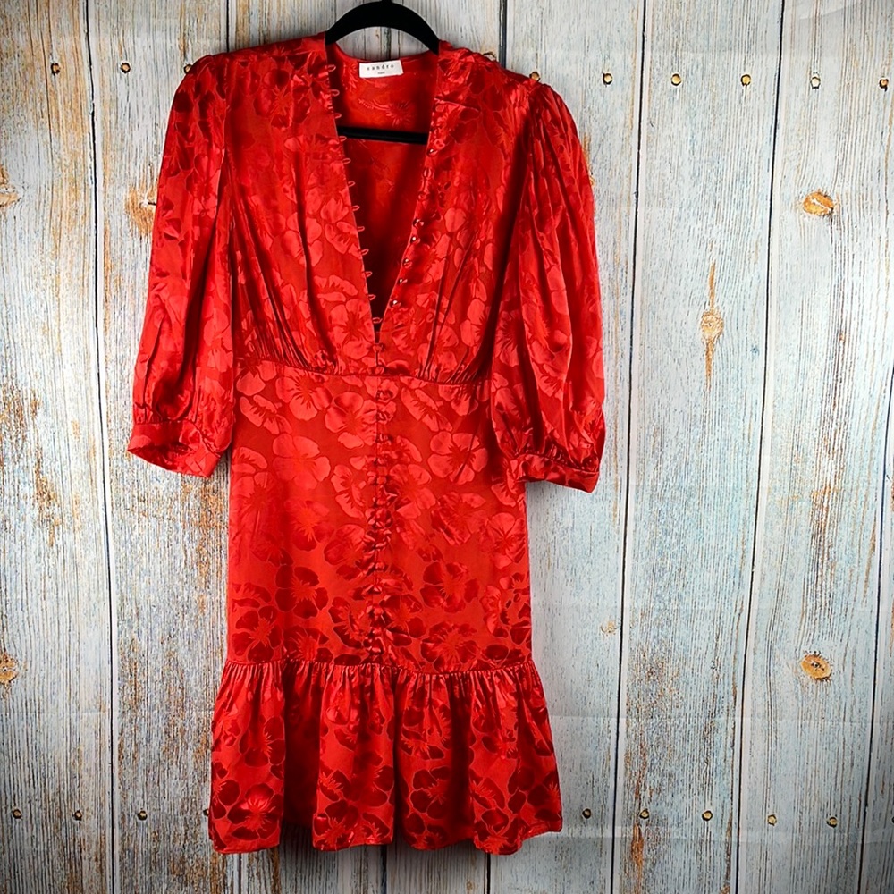 SANDRO Azelie Silk-blend Satin-jacquard Mini Dress In Red